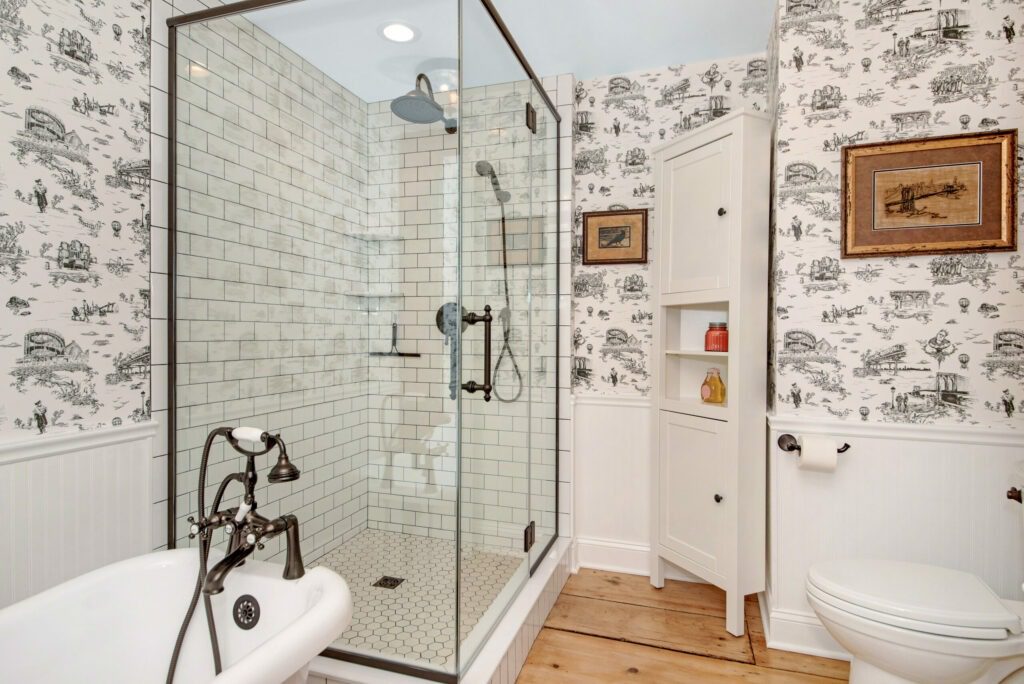 french country subway tile bathroom