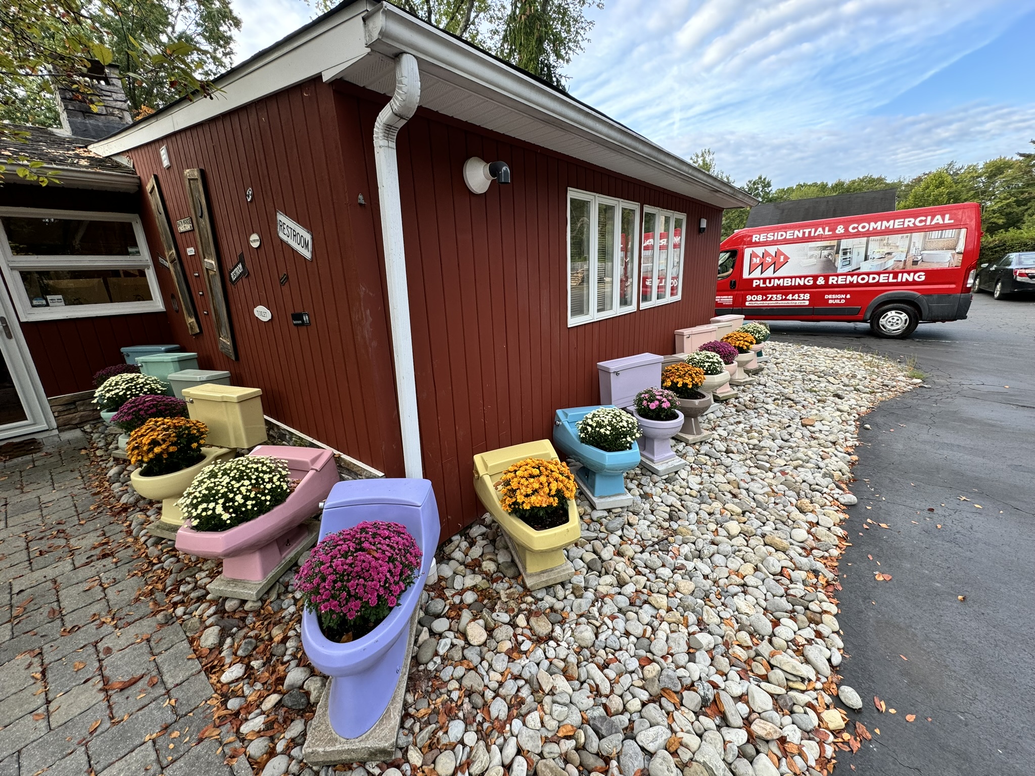 15 vintage toilets in different colors, with mums in bloom and a red MSI truck in the background.