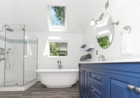 blue and white bathroom with shower, soaking tub, and vanity